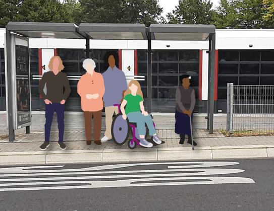 Auf dem Bild sind Papierfiguren von verschiednen Menschen mit und ohne Behinderung vor einer Bushaltestelle zusehen.