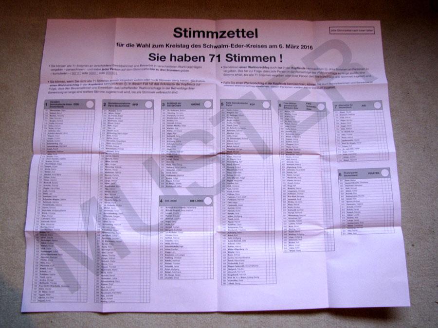 Wir sehen ein Muster für einen Stimmzettel einer Kommunalwahl.