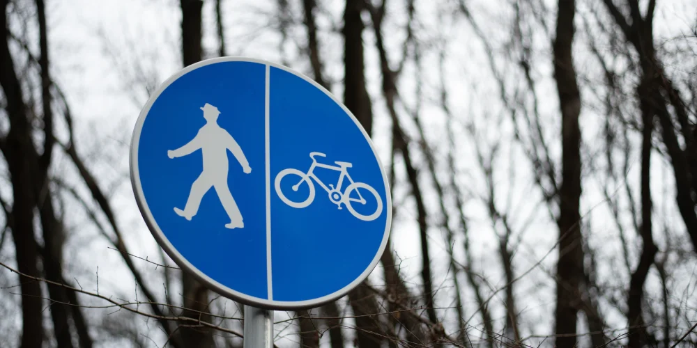 Blaues Straßenschild auf dem ein Fußgänger und ein Radfahrer ist