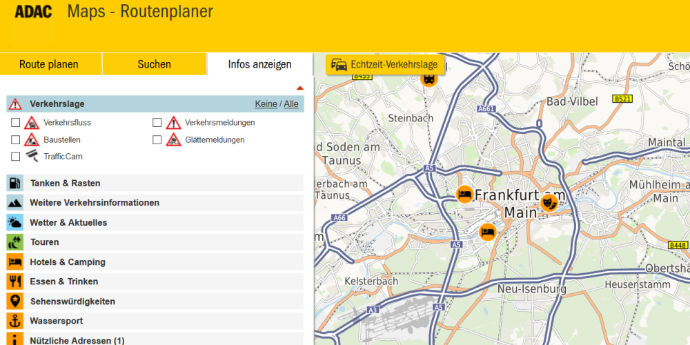 ADAC maps barrierefrei: gezeigt ist die Kategorisierung sowie eine Karte von Frankfurt und Umgebung.