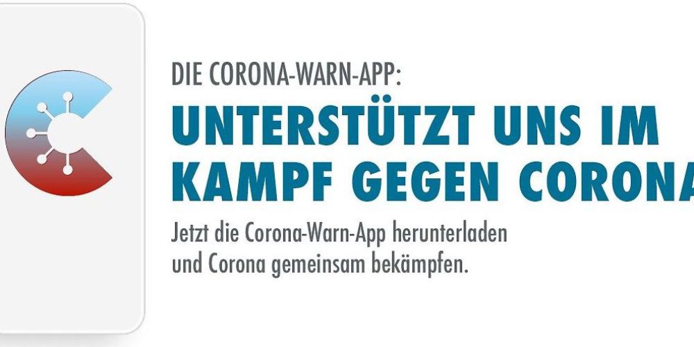 Corona-Warn-App: Daneben steht: Unterstützt uns beim Kampf gegen das Virus. Jetzt die Corona-Warn-App herunterladen und Corona gemeinsam bekämpfen.