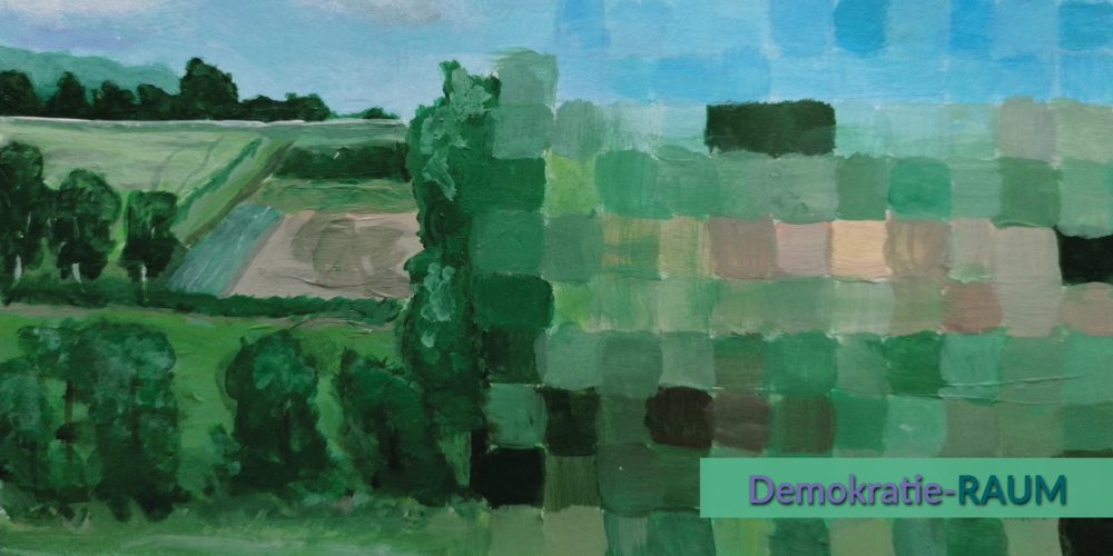 Ein Bild zeigt eine Landschaft in Grün mit Feldern und Bäumen auf der Linken Hälfte und an Pixel erinnernde Kästchen auf der rechten Hälfte. Künstlerin: Rebecca Laskowski