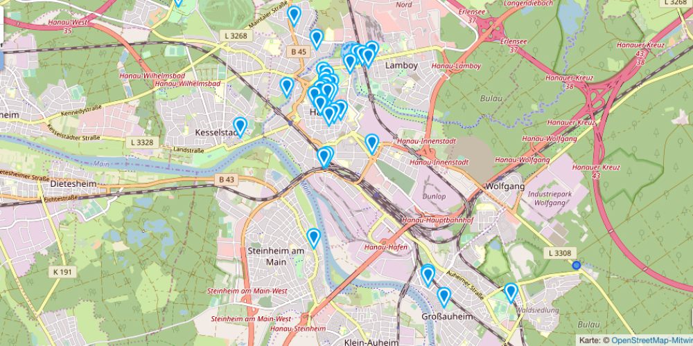 Karte von Hanau mit eingezeichneten Refill-Standorten - Stand Mai 2019