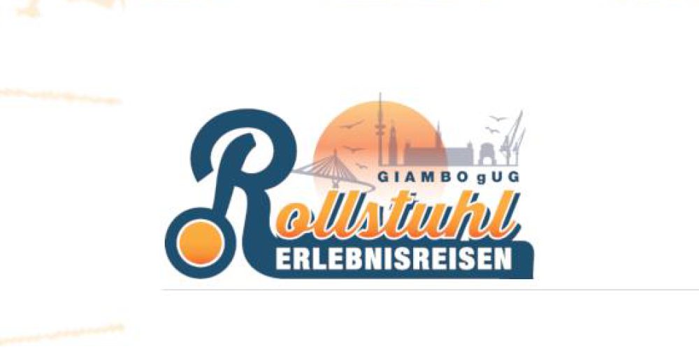 Logo von Rollstuhl-Erlebnisreisen GIAMBO: Vorne sieht man den Schriftzug Rollstuhl-Erlebnisreisen, im Hintergrund die gezeichnete Skyline von Hamburg.