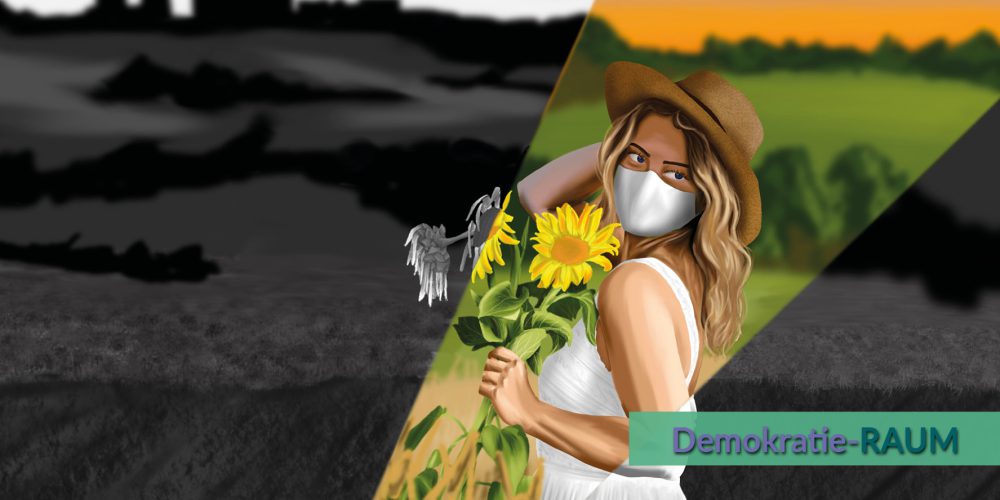 In einem Ausschnitt des Bildes, welcher farbig ist, ist eine schöne Frau mit blühenden Sonnenblumen und Maske gezeigt. Der Rest des Bildes ist schwarz hinterlegt.