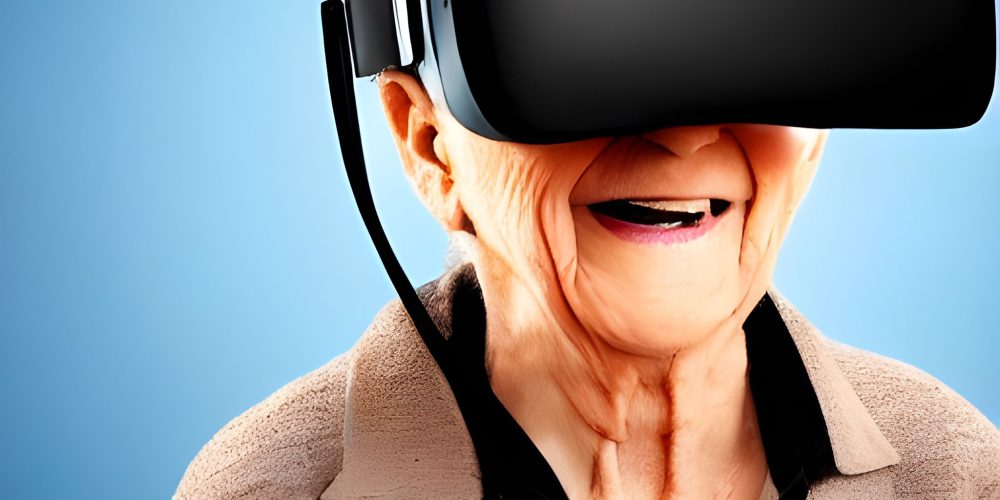 Ältere Dame mit großer schwarzer Virtual Reality Brille auf dem Gesicht.