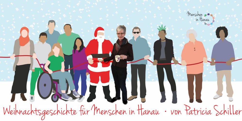 Figuren von Menschen in Hanau mit einer Weihnachtsmann-Figur und Patricia Schiller alle das rote Band haltend. In einer Schnee-Landschaft.