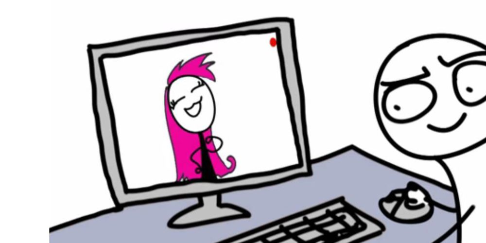 Zeichnung zeigt eine Strichmännchen, dass in einen PC-Bildschirm schaut und dort ein Mädchen mit langen roten Haaren sieht.