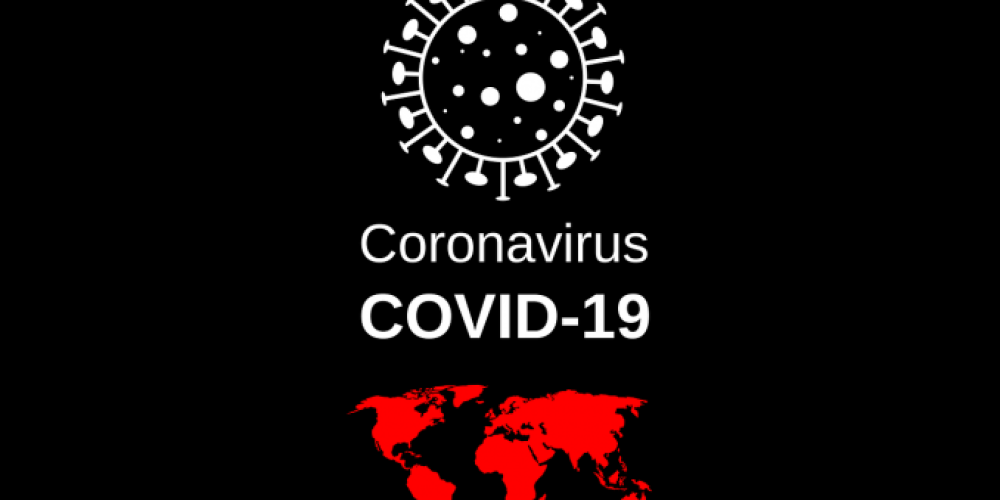 Corona Virus mit einer Weltkarte darunter.