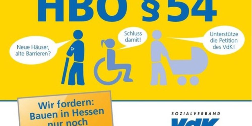 Zeigt auf gelben Untergrund, eine Person mit Stock, Rollstuhl und ein Kinderwagen und die Schrift sagt 