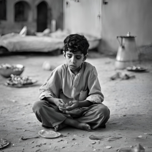 Ein Kind, das alleine auf dem Boden sitzt und etwas betrübt schaut.