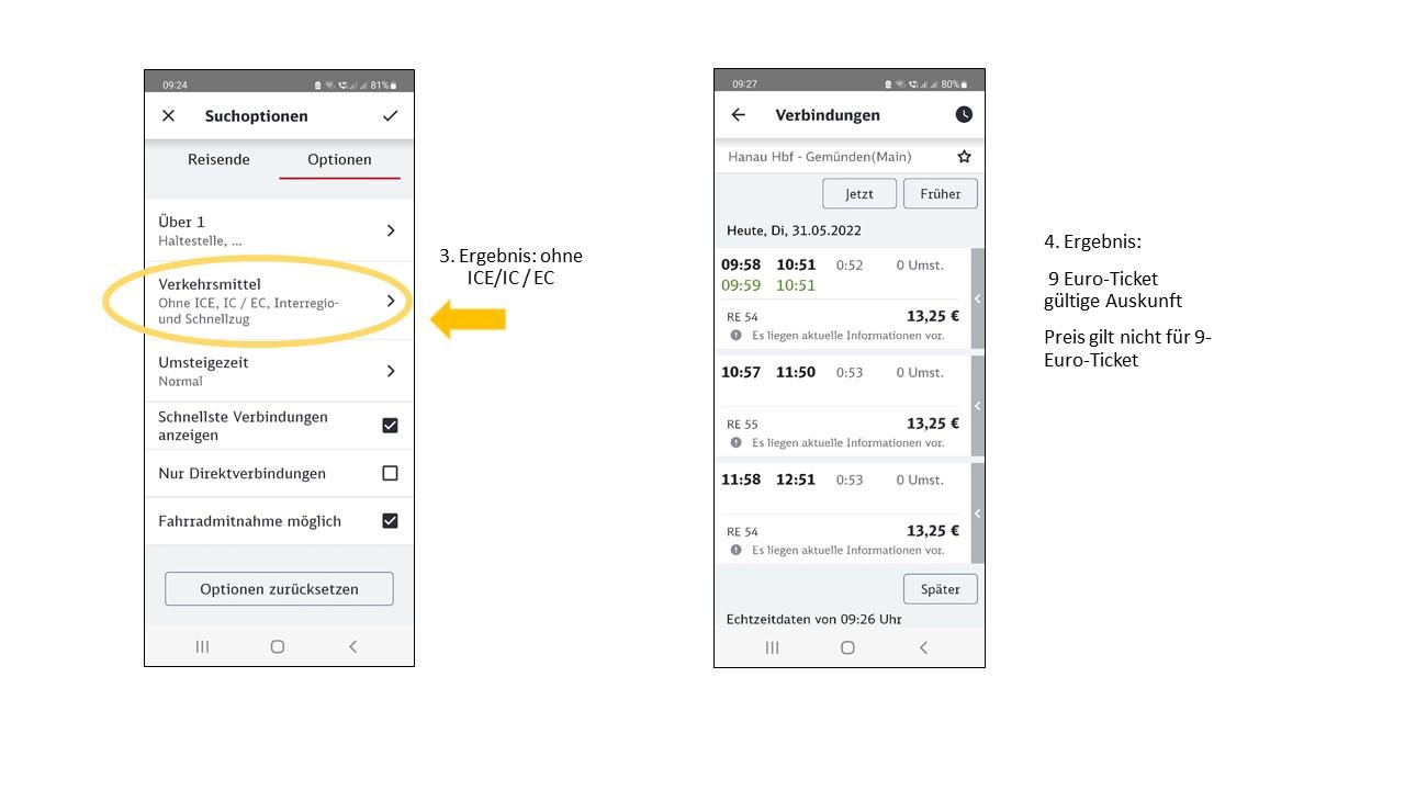 Mit Hilfe von 2 screenshots wird die fahrplanauskunft für das 9-Euro-Ticket bei der DB-App erklärt