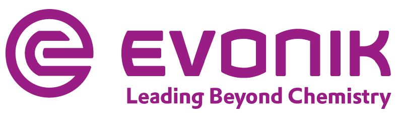 Logo der Evonik in Lila auf weißem Grund. Der Slogan: Leading Beyond Chemistry.