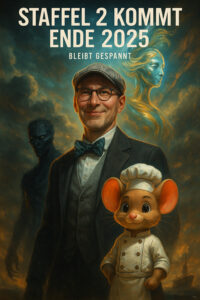 Ein Mann in einem Anzug und eine Maus mit Kochmütze, die vor ihm steht. 