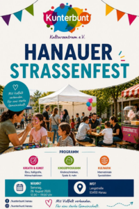 Das Bild zeigt den Flyer für das Hanauer Strassenfest 29. August 2026 in der Langstrasse in der Innenstadt Hanau. Es findet von 12 Uhr bis 19 Uhr statt. Das Motto ist: „Mit Vielfalt verbunden. Für eine starke Gemeinschaft."