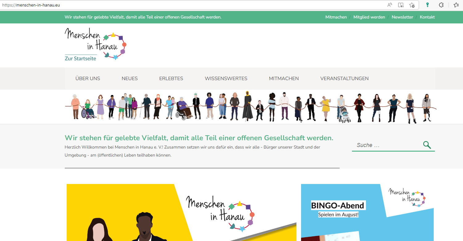 Ein Screenshot unserer Webseite mit der neuen URL www.menschen-in-hanau.eu und neuer Menschenkette.