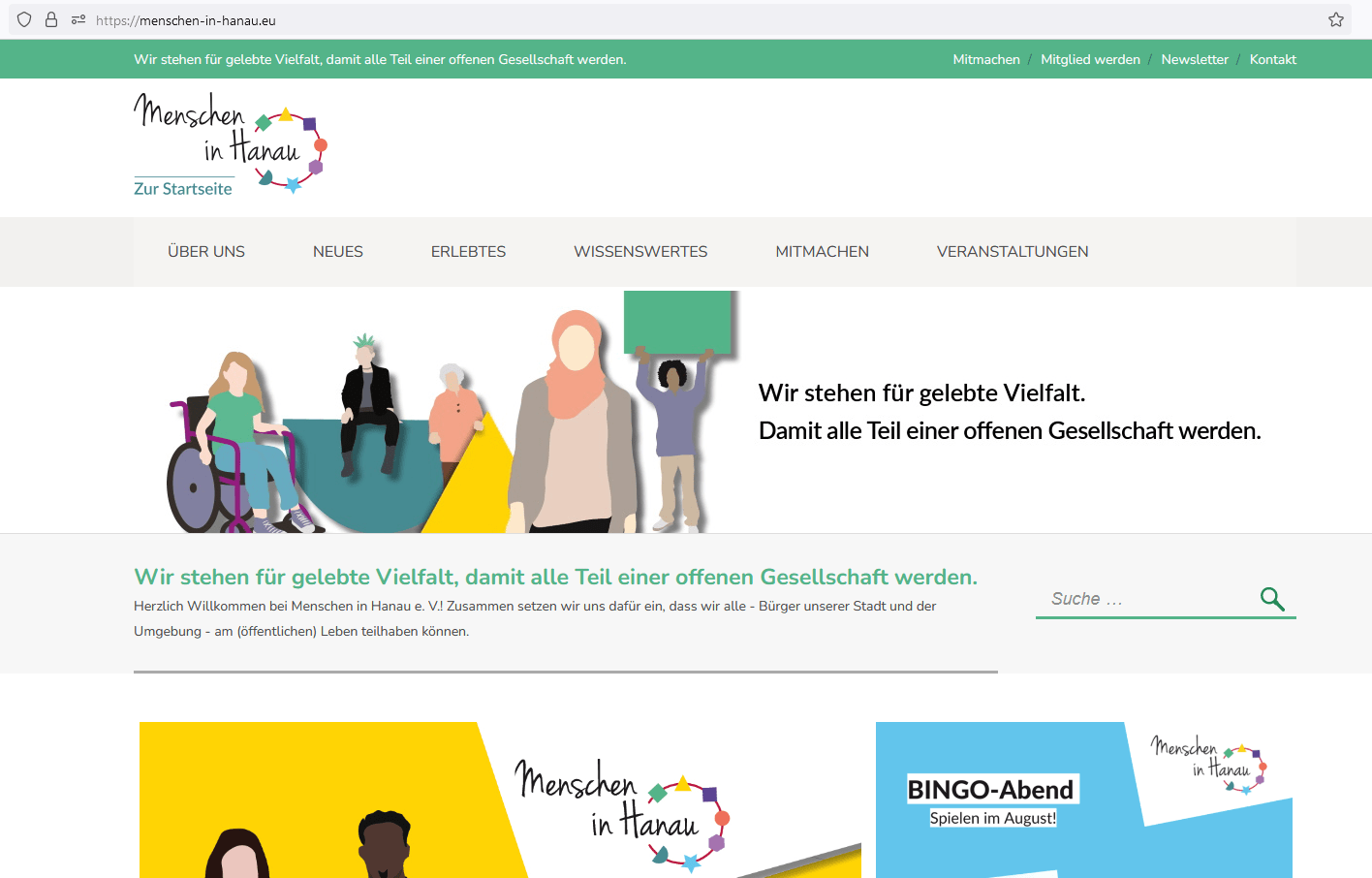 Ein Screenshot unserer Webseite. Oben die Menschenkette und dann der Inhalt. Alles jetzt erreichbar unter www.menschen-in-hanau.eu.