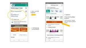 Mit Hilfe von 2 screenshots wird erklärt, wie eine Fahrplanauskunft in der RMV-App für das 9-Euro-Ticket erstellt werden kann.