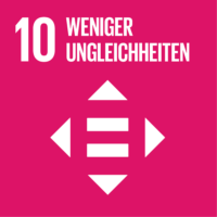 10. Ziel zur Agenda 2030 für Nachhaltige Entwicklung: Weniger Ungleichheit. Voneinander wegweisende Pfeile sind abgebildet. Das Schild ist pink.