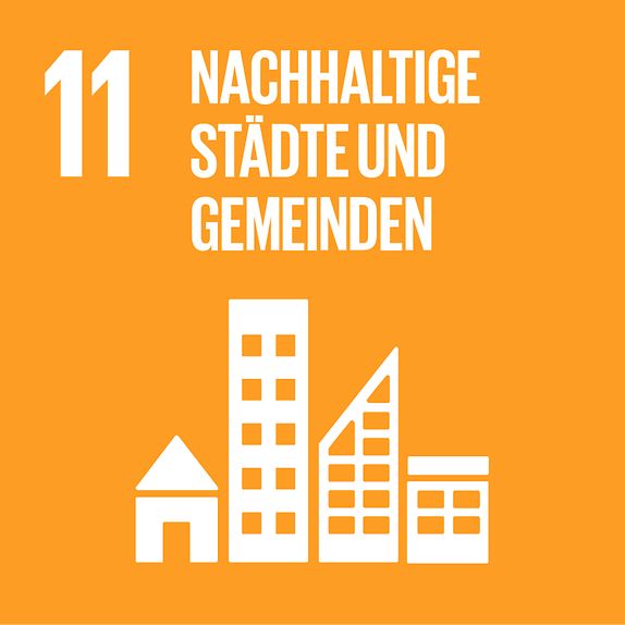 11. Ziel zur Agenda 2030 für Nachhaltige Entwicklung: Nachhaltige Städte und Gemeinden. Häuser nebeneinander sind abgebildet.Das Schild ist orange.