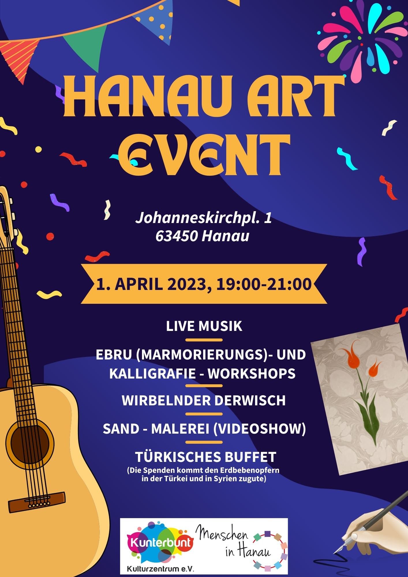 Plakat für das Hanauer Art Event. Das Programm für den Abend ist auf hellblauem Hintergrund gelistet.