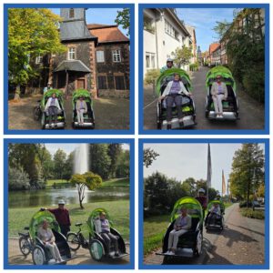 Collage aus vier Fotos: Rikschas mit Senior:innen vor historischen Gebäuden, in einer Altstadtgasse und an einem Teich mit Fontäne.