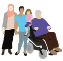 Unsere Menschen - kreiert von Lisa. Das Bild zeigt eine Dame mit Kopftuch, eine Person mit Kind auf dem Arm und einen Herren im Rollstuhl.