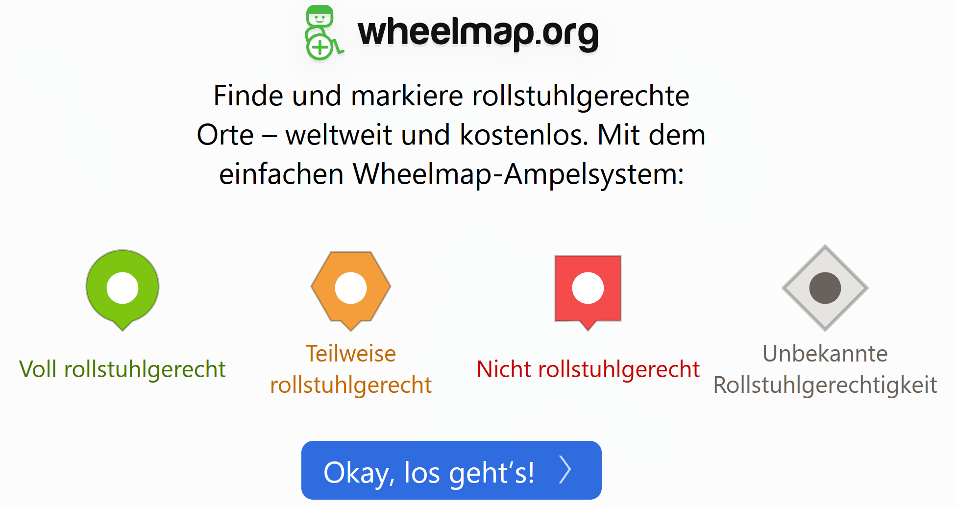Die Startseite der Wheelmap.org - rollstuhlgerechte Orte finden.